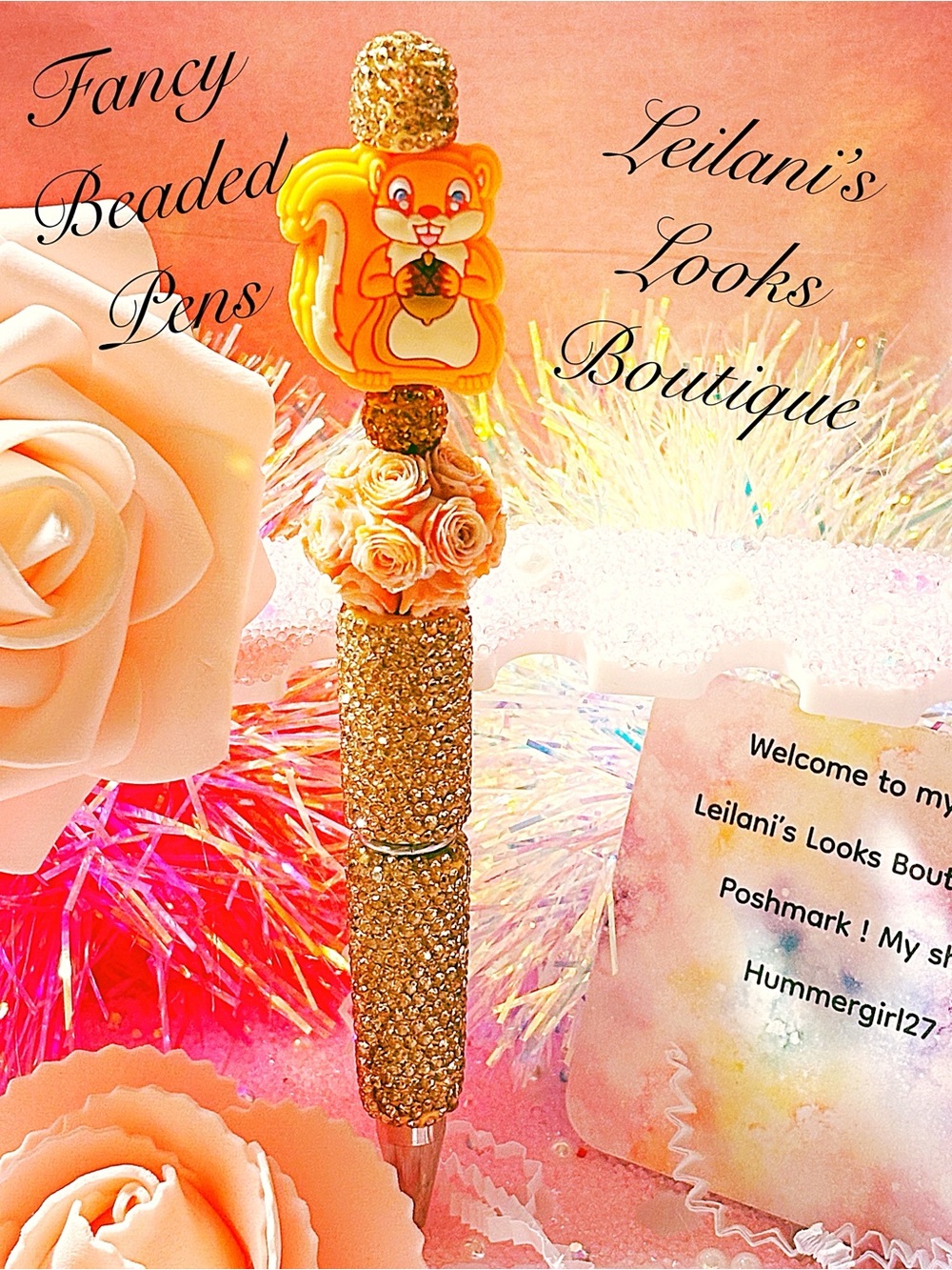 Gold Beaded Squirrel Pen with Peach Accents